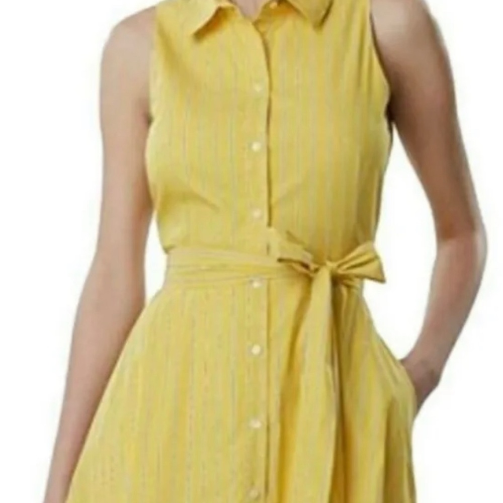 TAHARI Marigold and Navy Striped Yellow Mid-length Short Casual Dress: Size 6